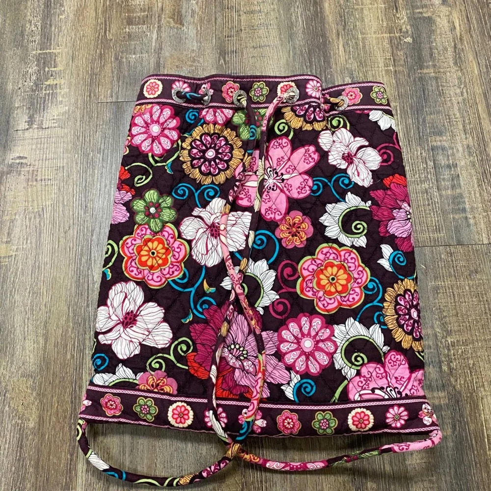 Vera Bradley Quilted Floral Pink/Brown Drawstring Backpack Bag Travel Pouch Sack